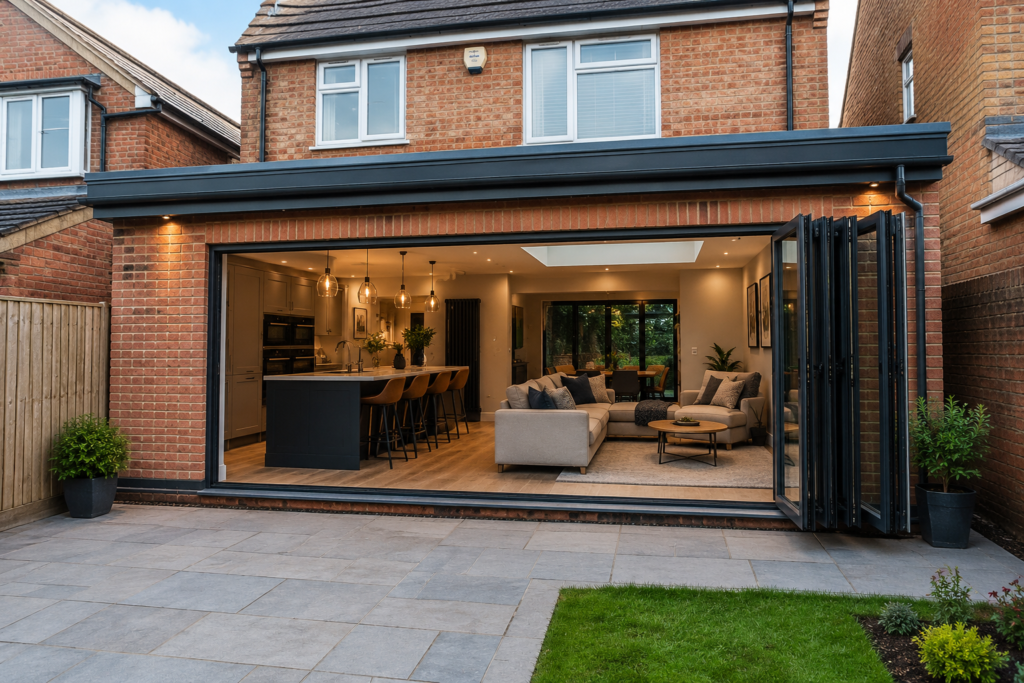 Extension providing additional open plan living space with bi-fold doors
