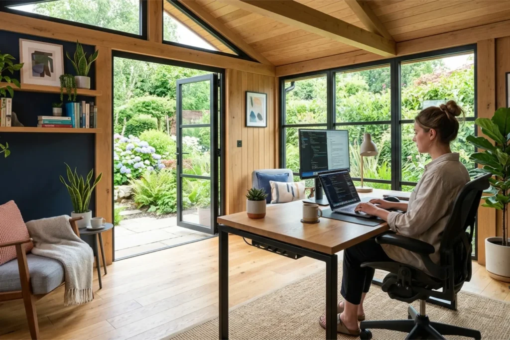 Person working at a wood desk in a bright home office with large windows and garden outside.