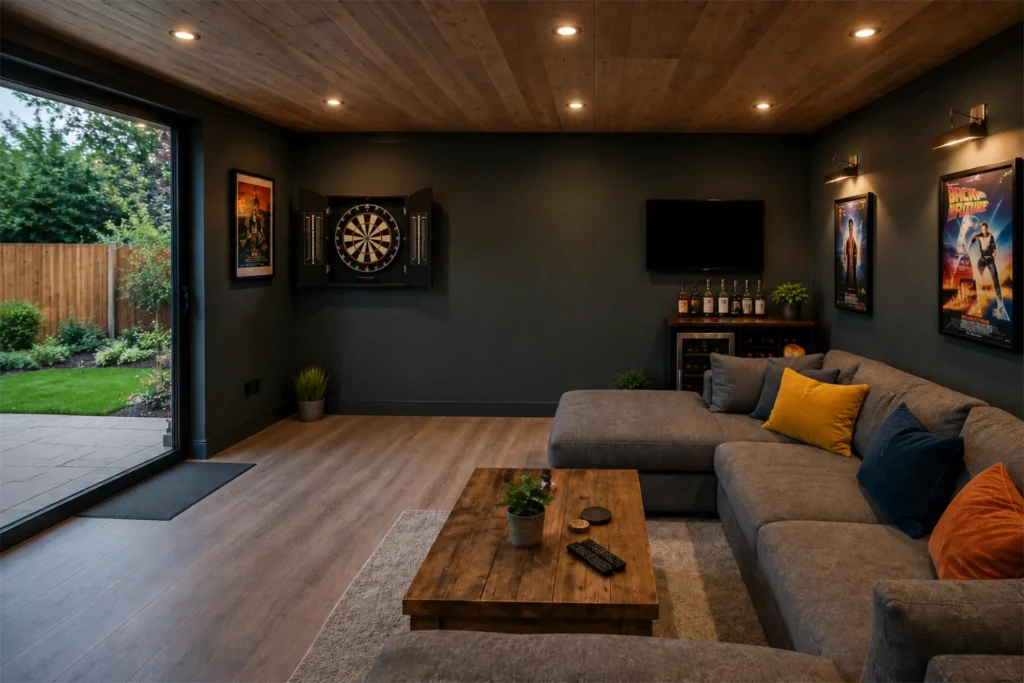Garden room for leisure with sofas, dartboard and TV